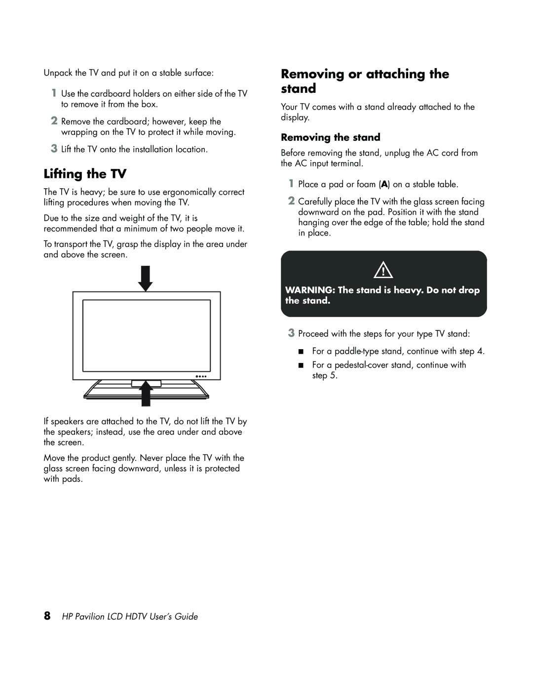 HP LC3700N manual Lifting the TV, Removing or attaching the stand, Removing the stand 