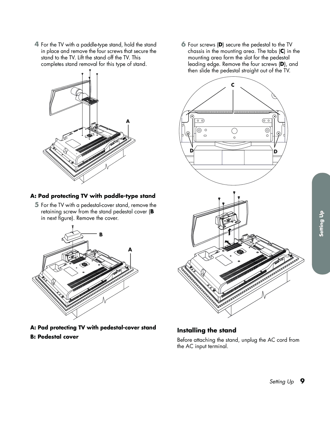 HP LC3700N manual Installing the stand, Pad protecting TV with paddle-type stand 