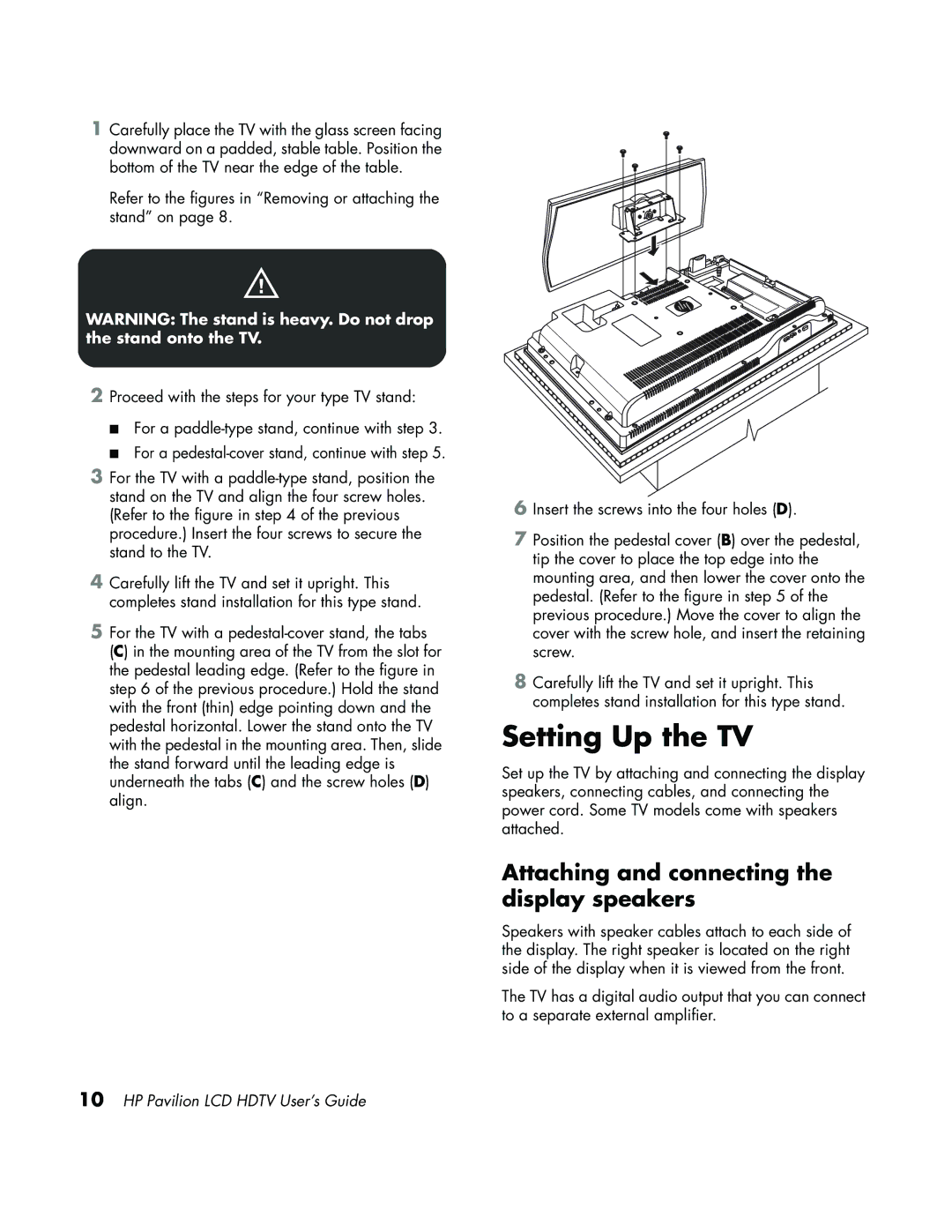 HP LC3700N manual Setting Up the TV, Attaching and connecting the display speakers 