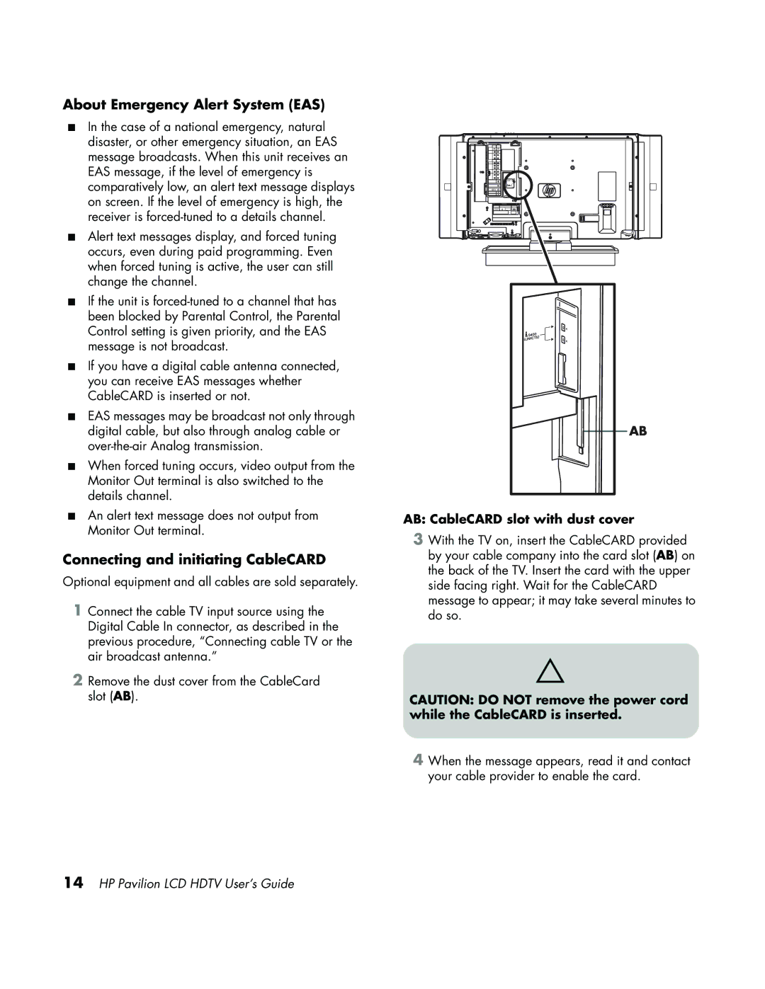 HP LC3700N manual About Emergency Alert System EAS, Connecting and initiating CableCARD, AB CableCARD slot with dust cover 