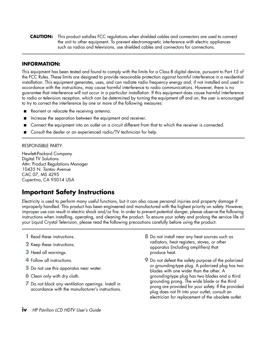 HP LC3700N manual Important Safety Instructions, Responsible Party 