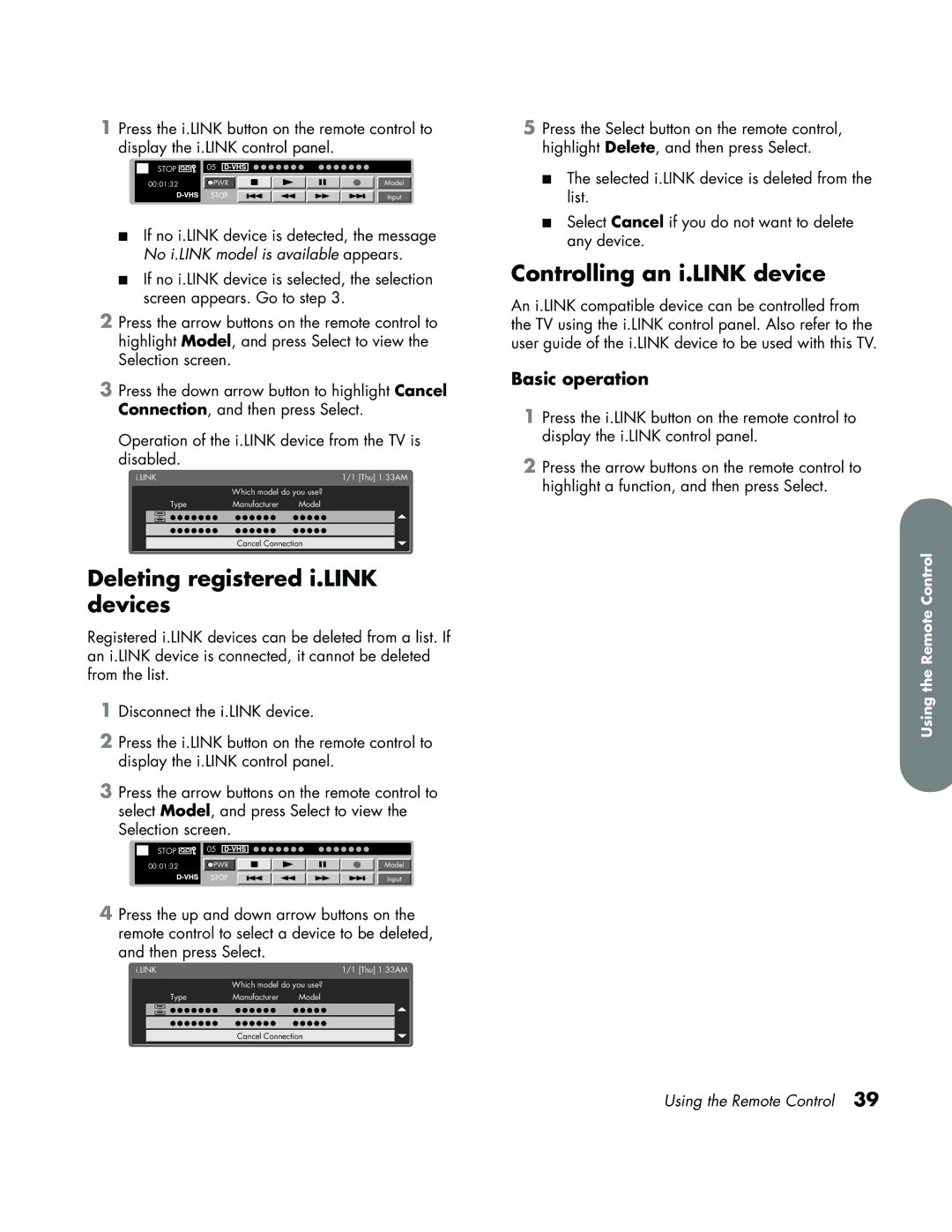 HP LC3700N manual Deleting registered i.LINK devices, Controlling an i.LINK device, Basic operation 