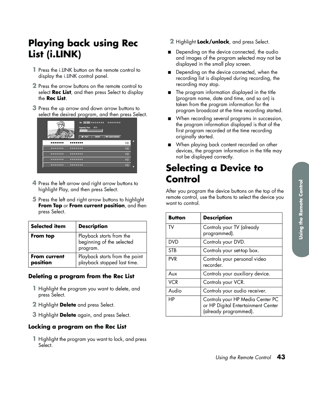 HP LC3700N manual Playing back using Rec List i.LINK, Selecting a Device to Control, Deleting a program from the Rec List 