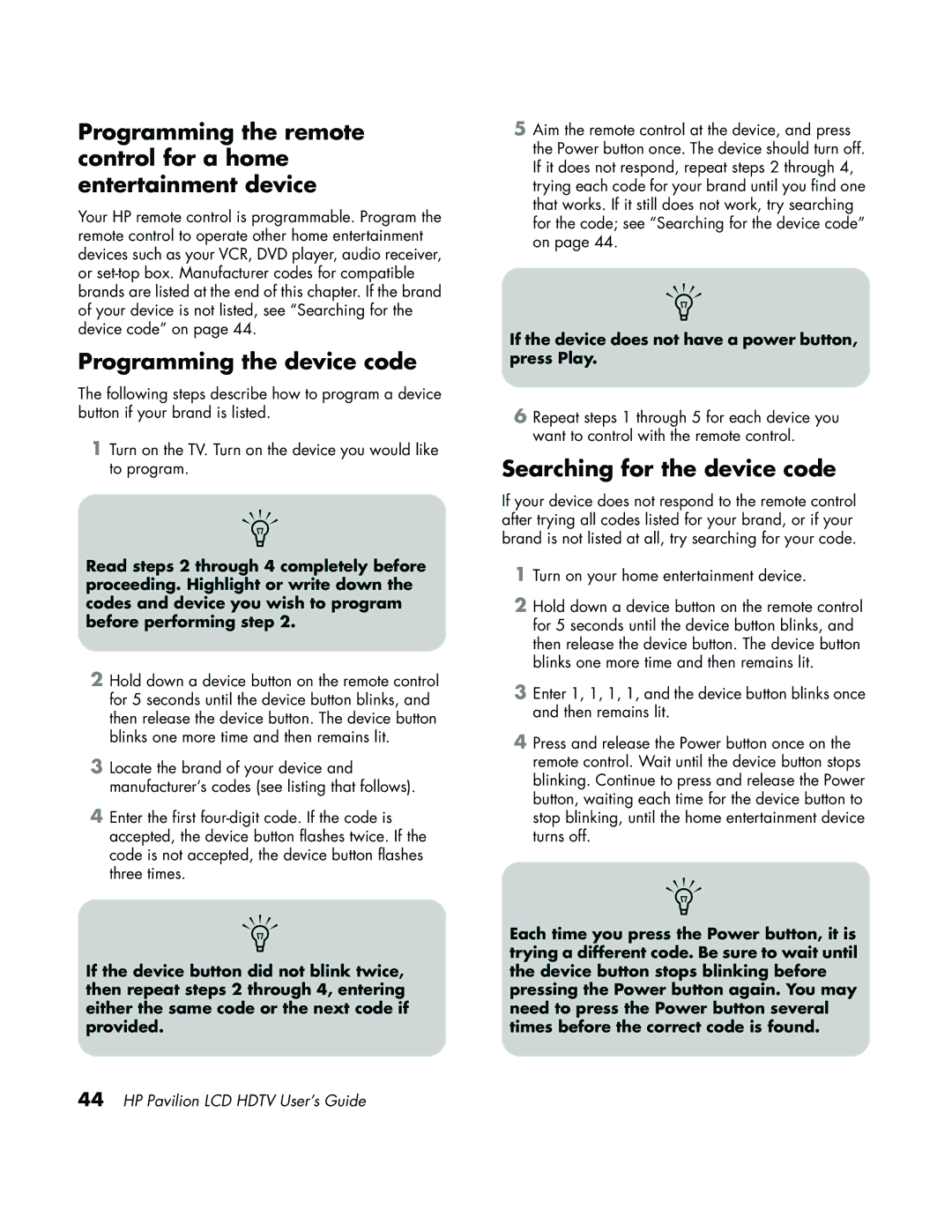 HP LC3700N manual Programming the device code, Searching for the device code 