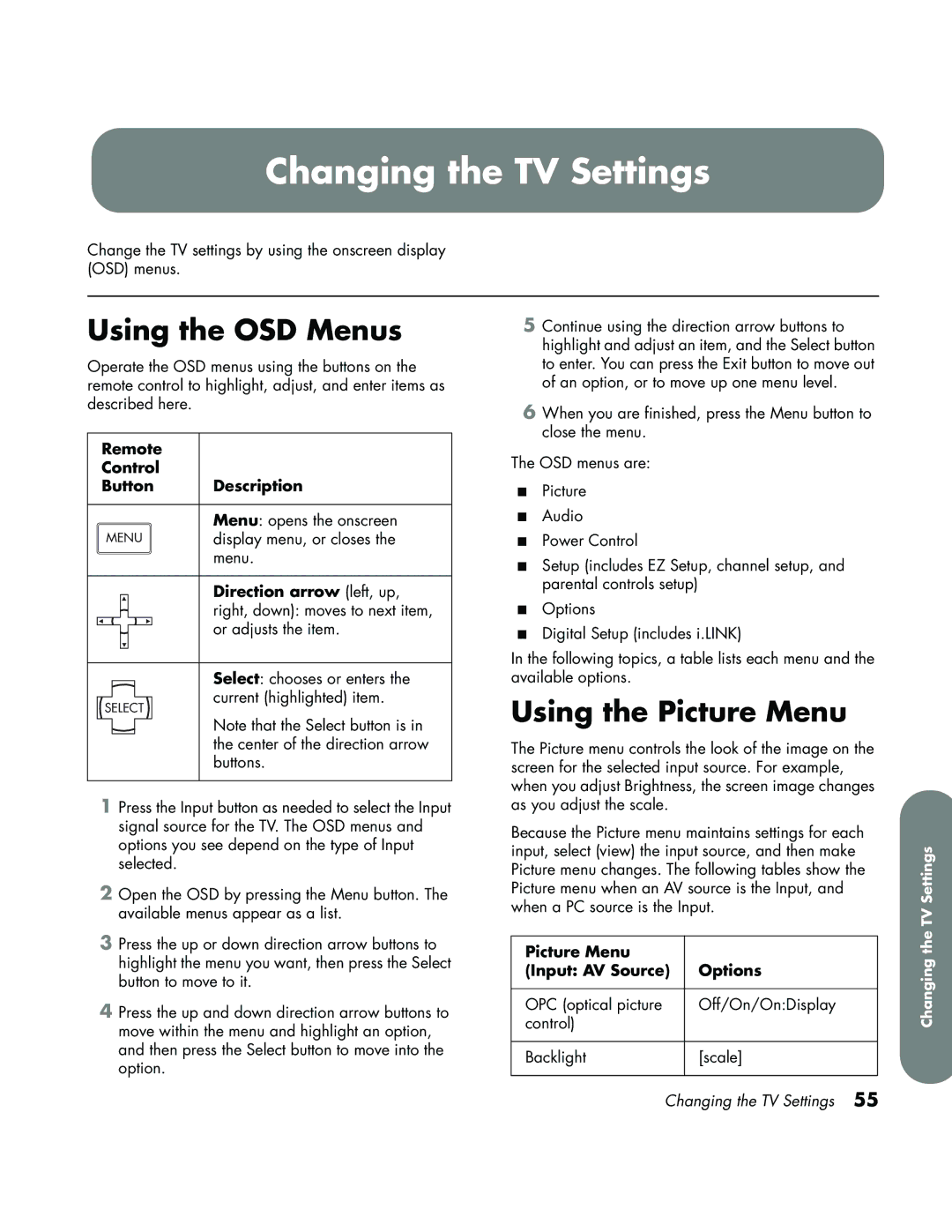 HP LC3700N manual Changing the TV Settings, Using the OSD Menus, Using the Picture Menu 