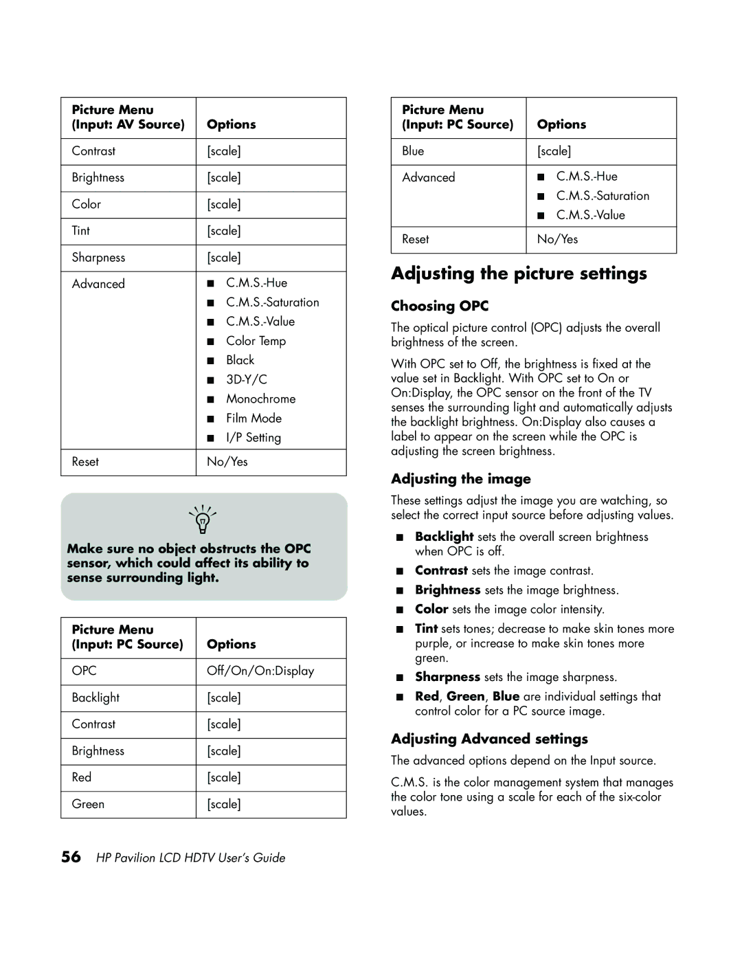 HP LC3700N manual Adjusting the picture settings, Choosing OPC, Adjusting the image, Adjusting Advanced settings 