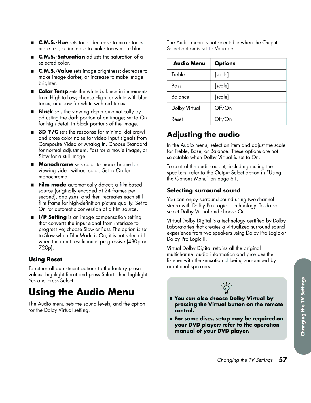 HP LC3700N manual Using the Audio Menu, Adjusting the audio, Using Reset, Selecting surround sound, Audio Menu Options 