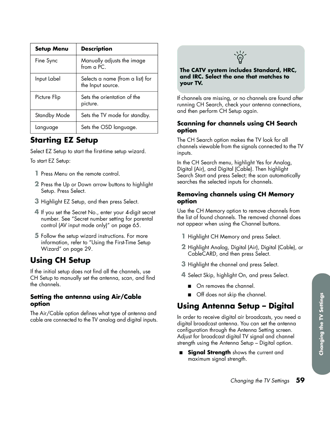 HP LC3700N manual Starting EZ Setup, Using CH Setup, Using Antenna Setup Digital 