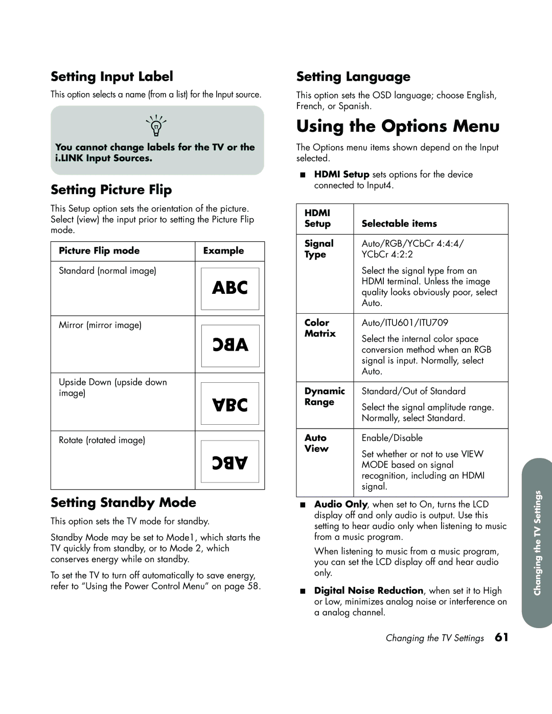 HP LC3700N manual Using the Options Menu, Setting Input Label, Setting Picture Flip, Setting Standby Mode, Setting Language 