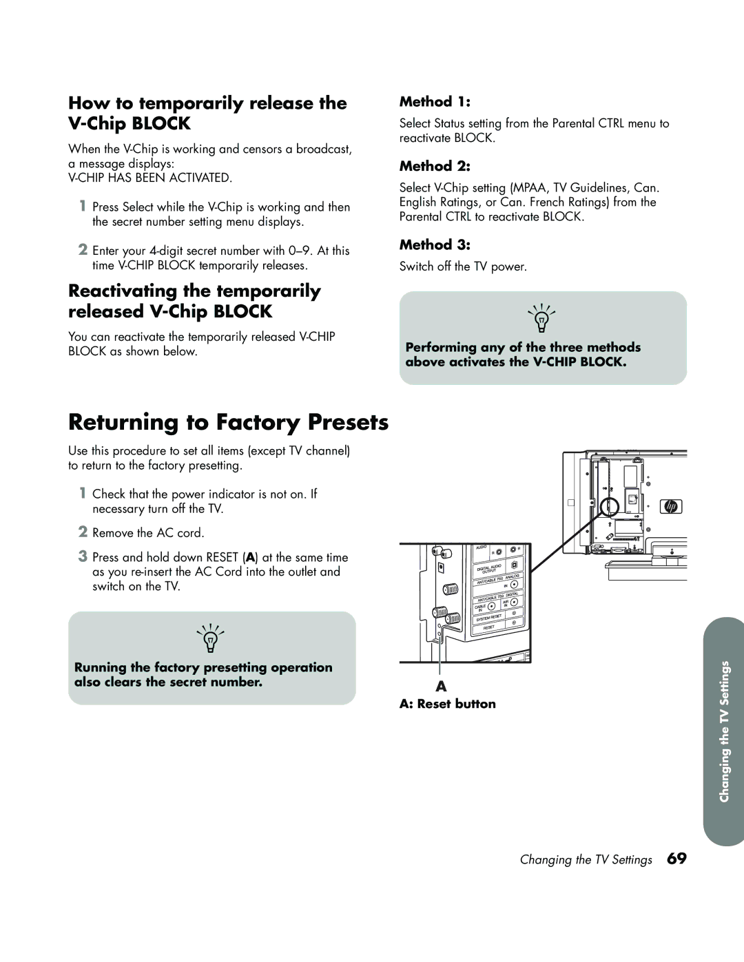 HP LC3700N Returning to Factory Presets, How to temporarily release the V-Chip Block, Method, Chip has Been Activated 