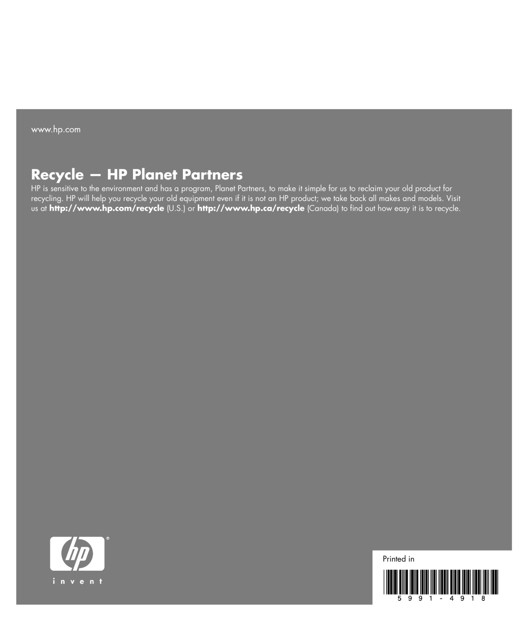 HP PL5060N 50 inch Plasma, LC3260N 32 inch, SLC3760N 37 inch manual Recycle - HP Planet Partners, Printed in 