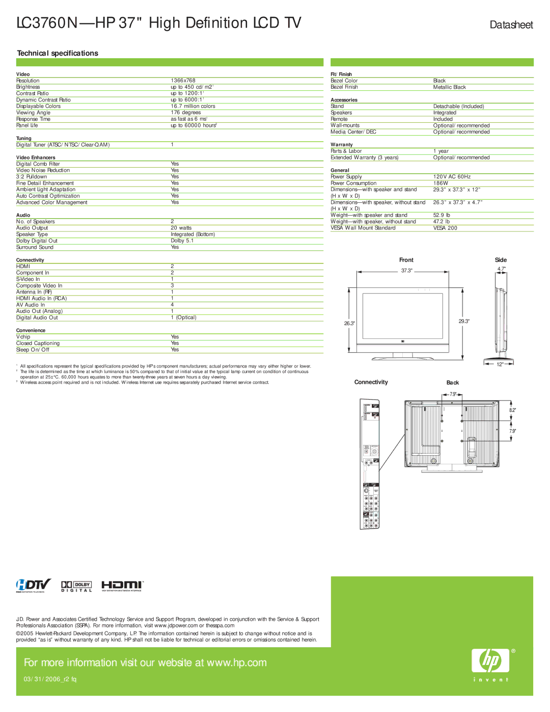 HP LC3760N 37 inch manual LC3760N-HP 37 High Definition LCD TV, Datasheet, Technical specifications, Hdmi 