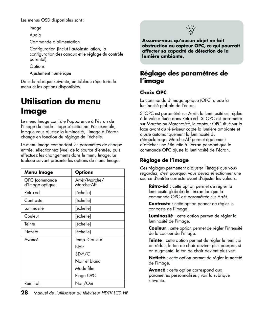 HP LC3760N Utilisation du menu Image, Réglage des paramètres de l’image, Choix OPC, Réglage de l’image, Menu Image Options 