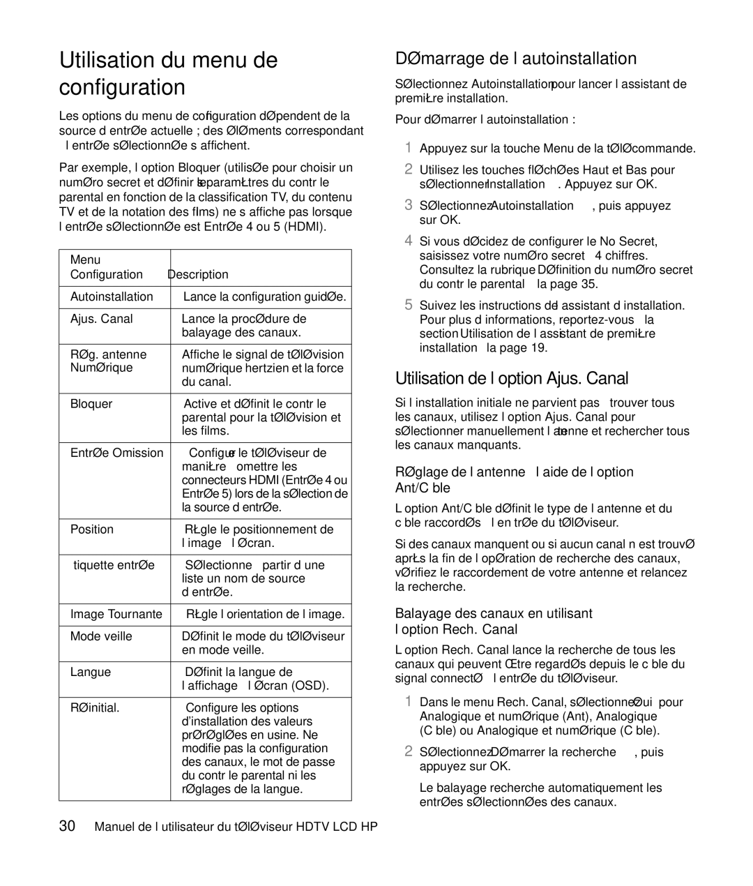 HP LC3760N Utilisation du menu de configuration, Démarrage de l’autoinstallation, Utilisation de l’option Ajus. Canal 