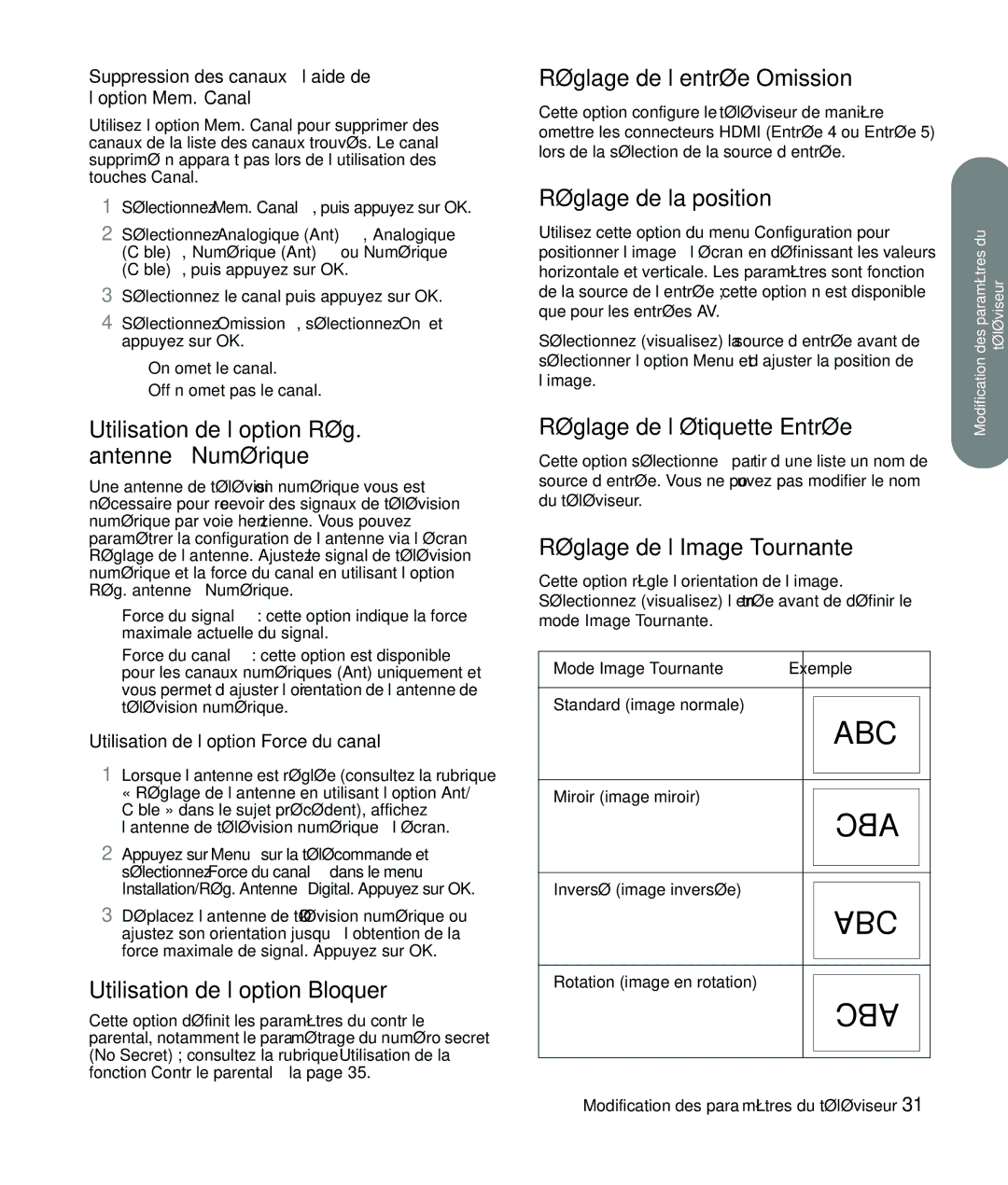 HP LC3760N Utilisation de l’option Rég. antenne Numérique, Utilisation de l’option Bloquer, Réglage de l’entrée Omission 