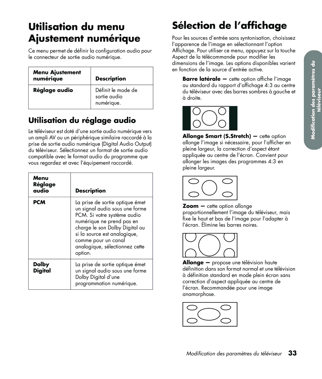 HP LC3760N manual Utilisation du menu Ajustement numérique, Sélection de l’affichage, Utilisation du réglage audio 