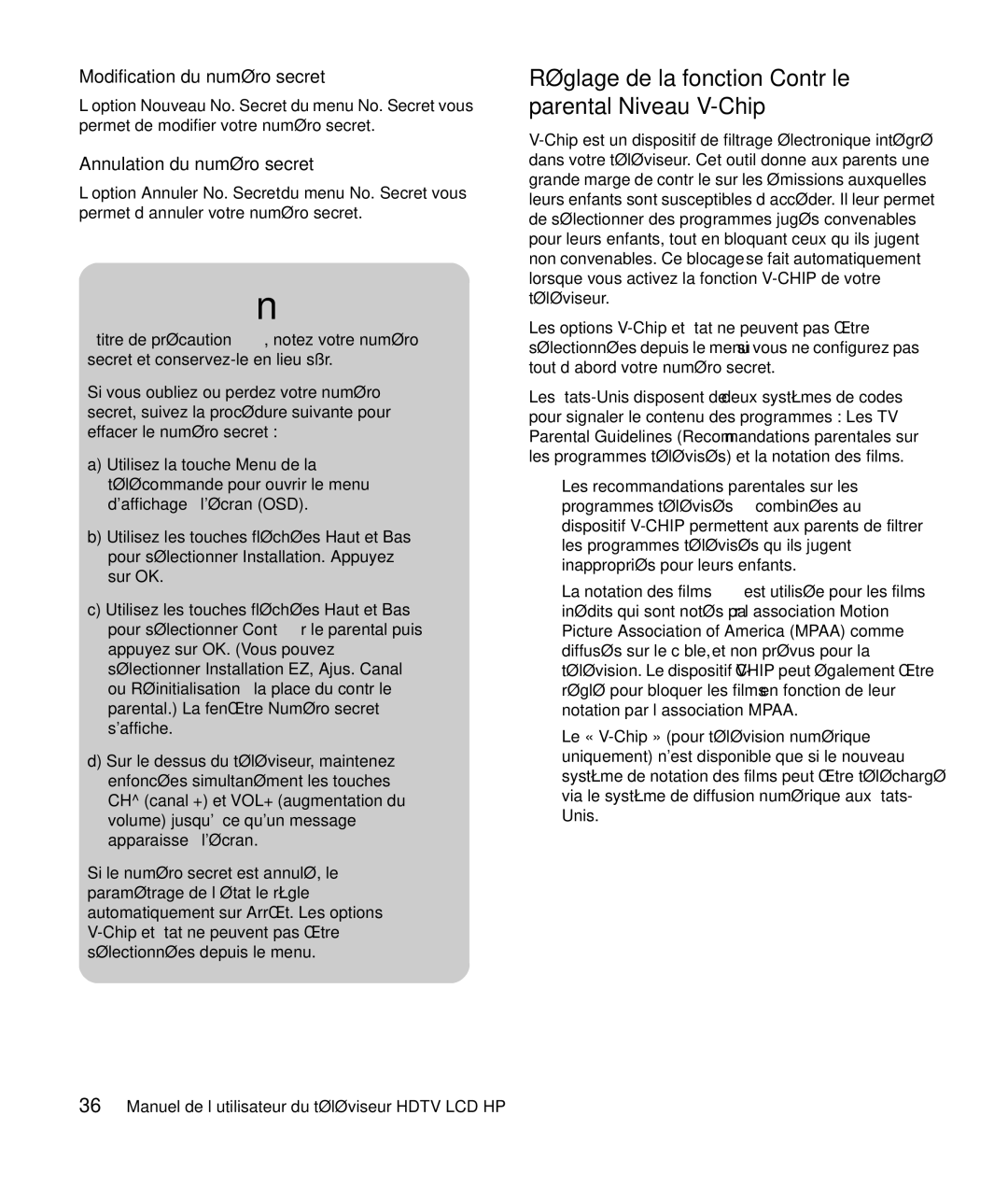 HP LC3760N manual Réglage de la fonction Contrôle parental Niveau V-Chip, Modification du numéro secret 