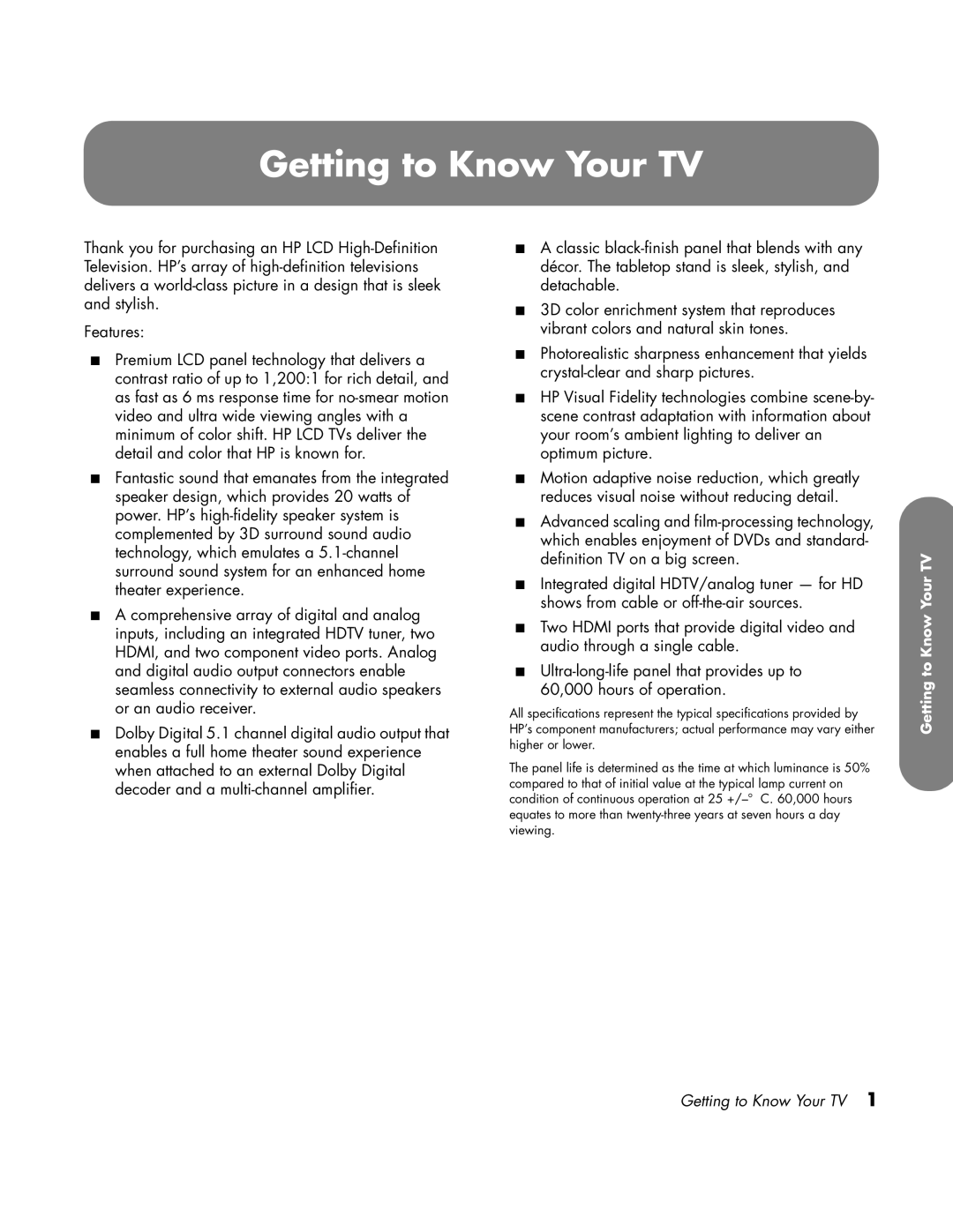 HP LC3760N manual Getting to Know Your TV 