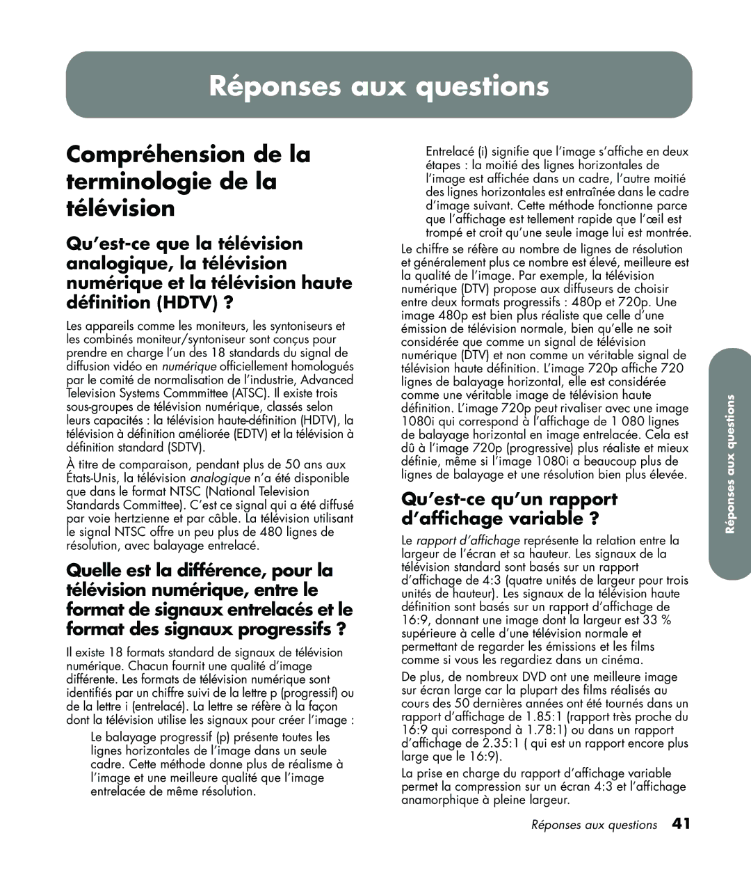 HP LC3760N manual Réponses aux questions, Compréhension de la terminologie de la télévision 