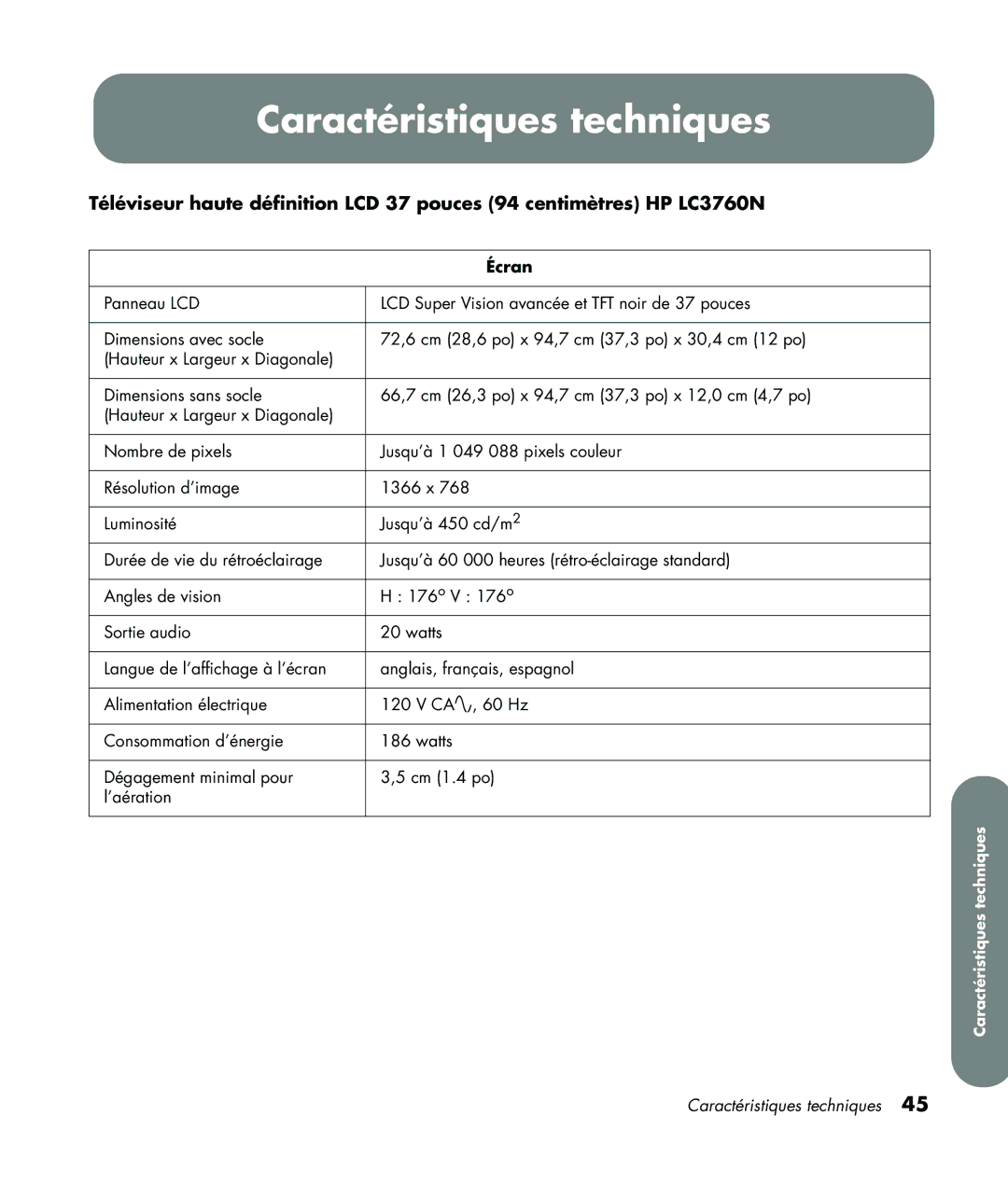 HP LC3760N manual Caractéristiques techniques, Écran 