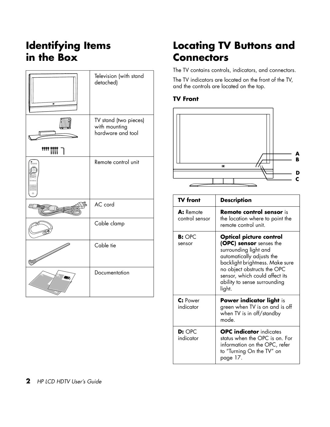 HP LC3760N manual Identifying Items in the Box, Locating TV Buttons and Connectors, TV Front 