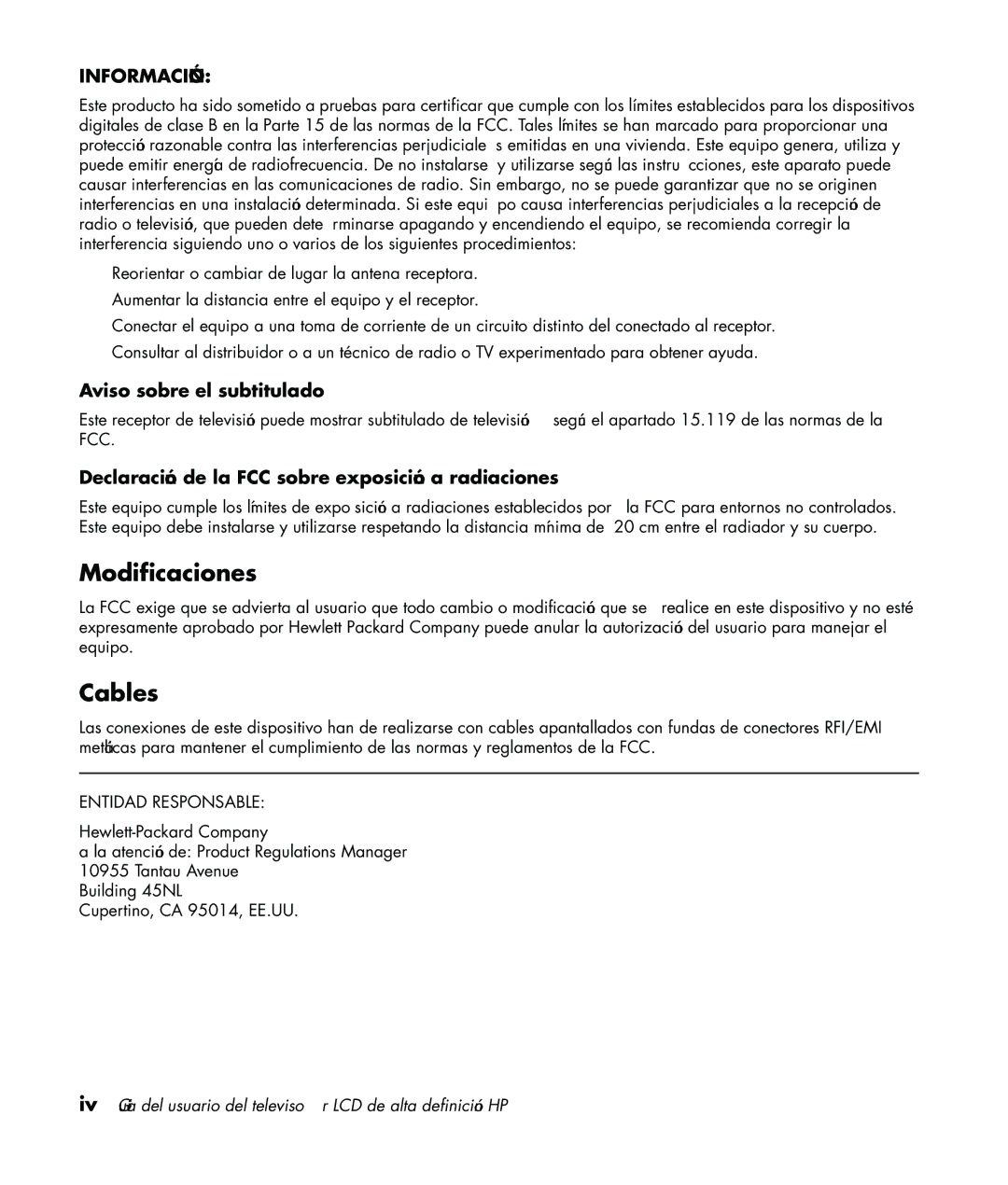 HP LC3760N manual Modificaciones, Aviso sobre el subtitulado, Declaración de la FCC sobre exposición a radiaciones 