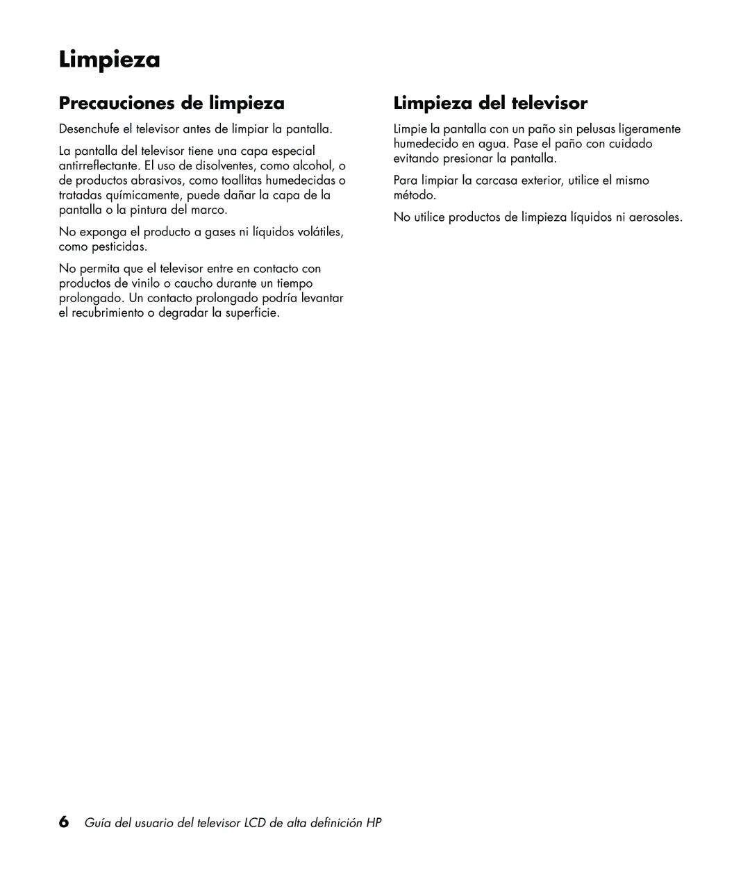 HP LC3760N manual Precauciones de limpieza, Limpieza del televisor 