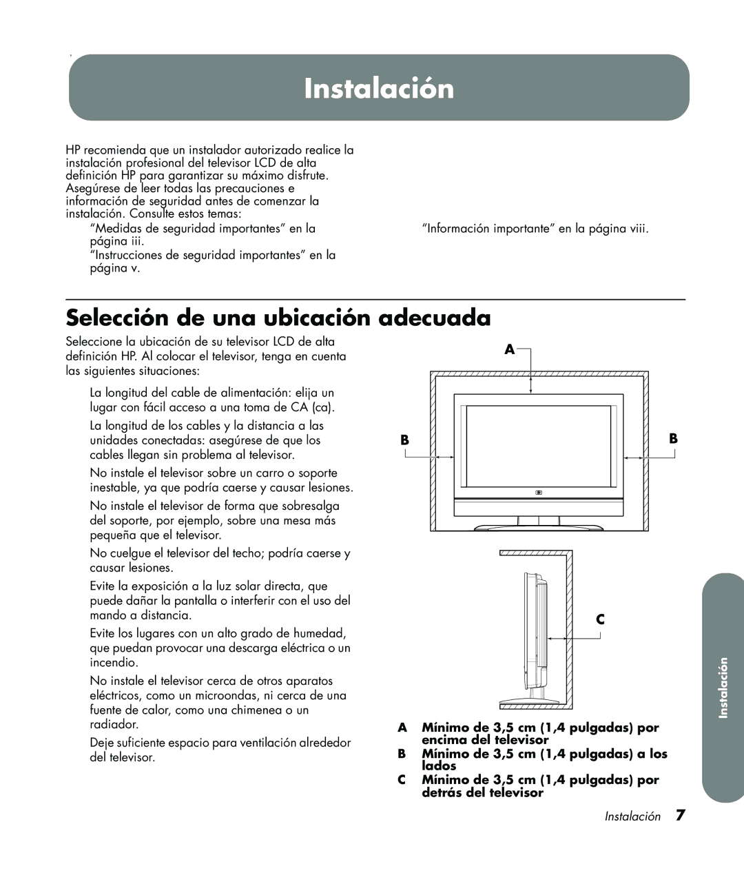 HP LC3760N manual Instalación, Selección de una ubicación adecuada 