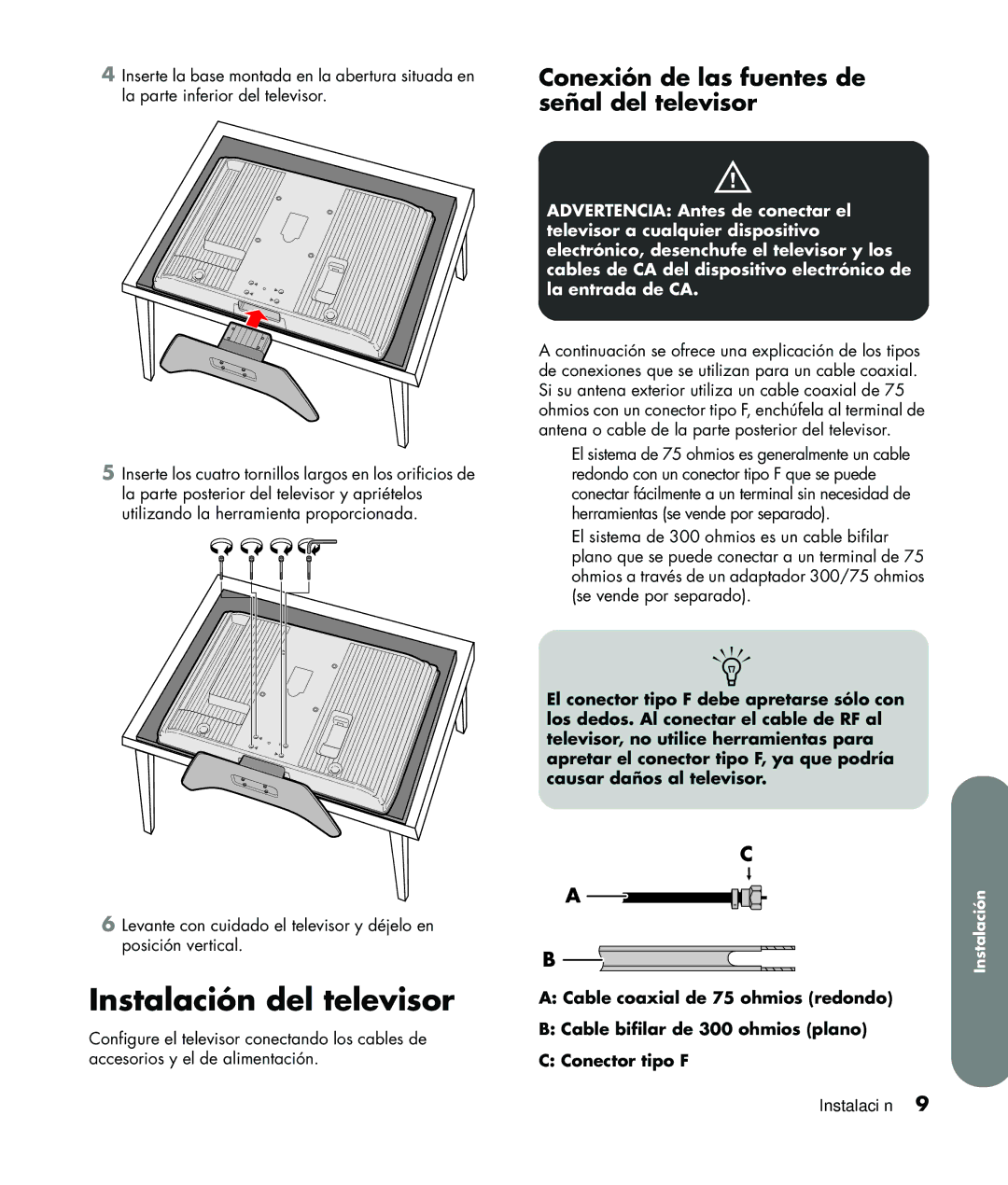 HP LC3760N manual Instalación del televisor, Conexión de las fuentes de señal del televisor 