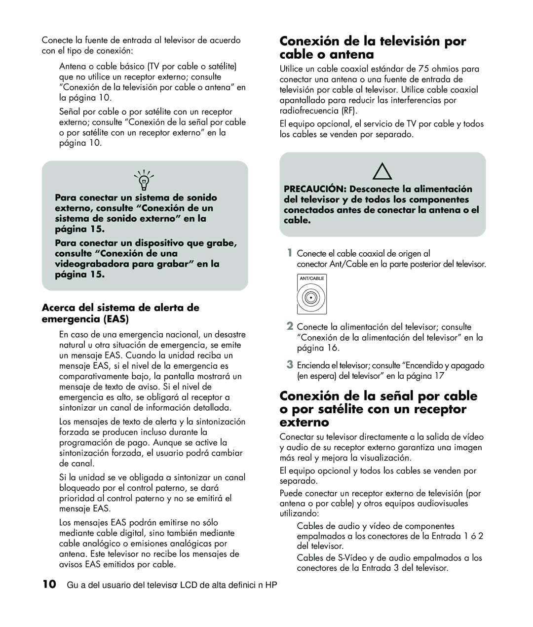 HP LC3760N manual Conexión de la televisión por cable o antena, Acerca del sistema de alerta de emergencia EAS 