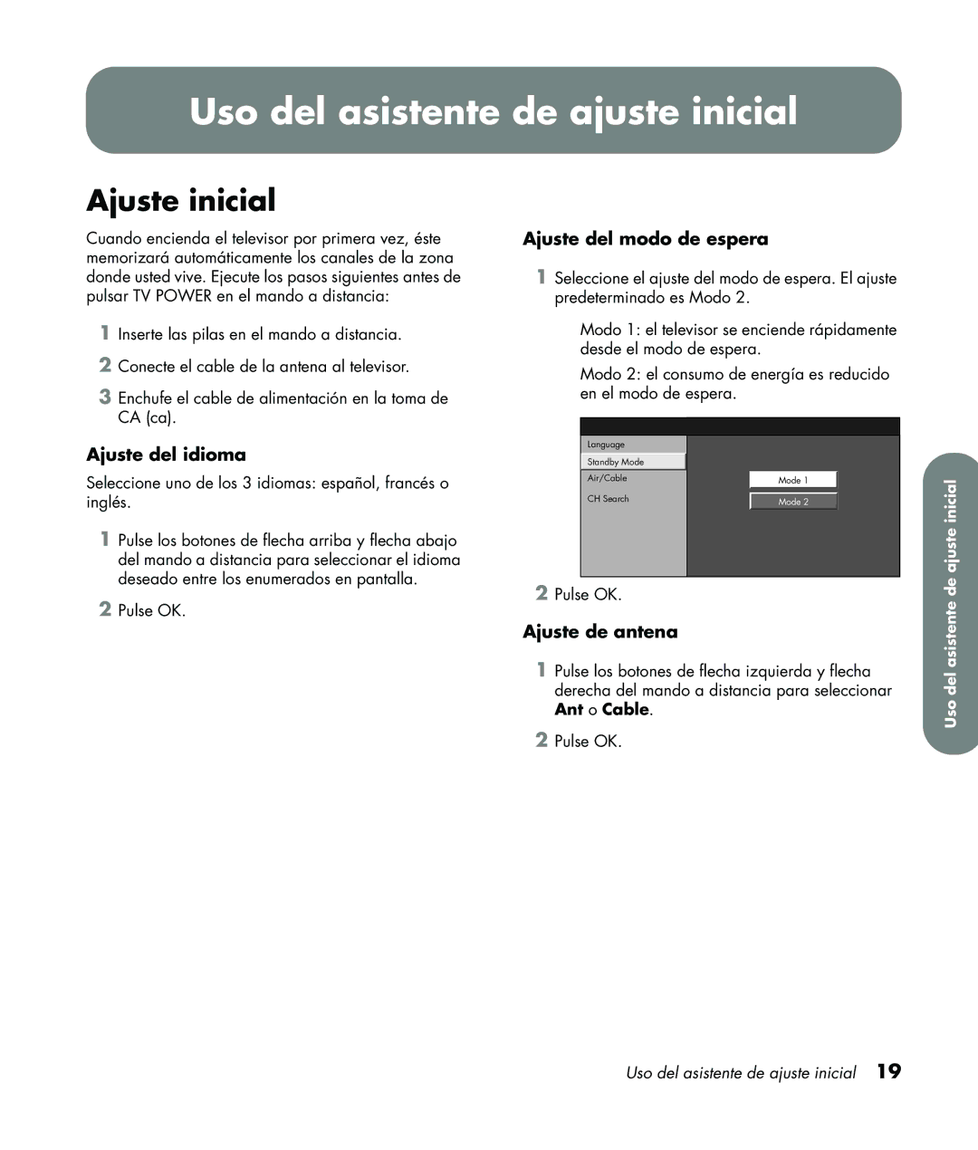 HP LC3760N manual Uso del asistente de ajuste inicial, Ajuste inicial, Ajuste del idioma, Ajuste del modo de espera 