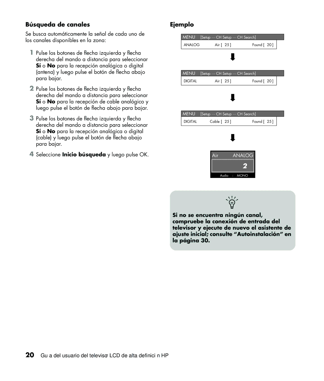 HP LC3760N manual Búsqueda de canales, Ejemplo 