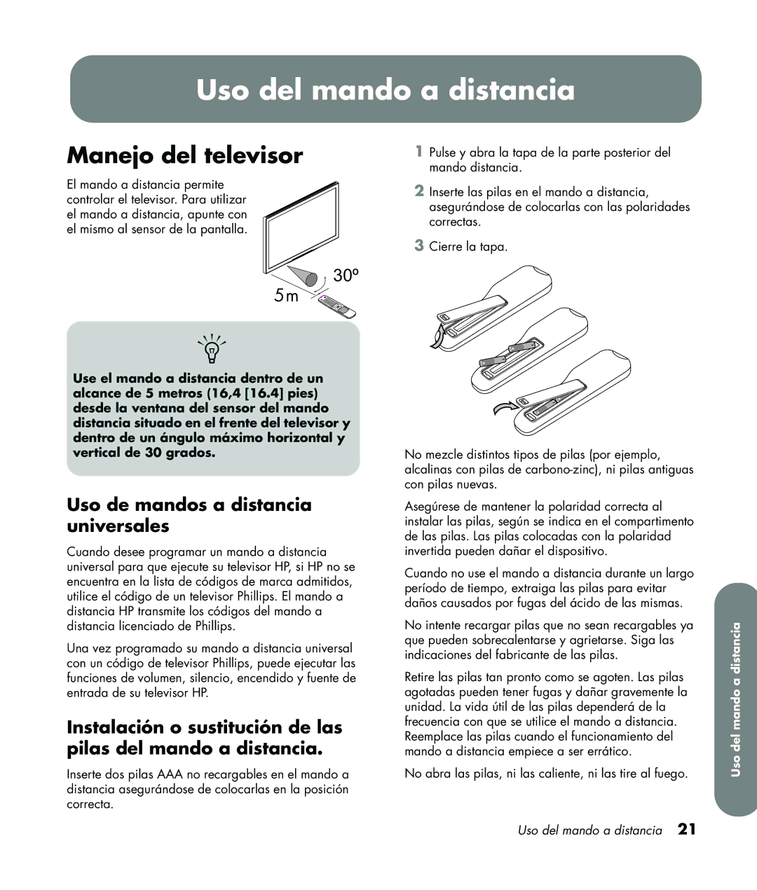 HP LC3760N manual Uso del mando a distancia, Manejo del televisor, Uso de mandos a distancia universales 