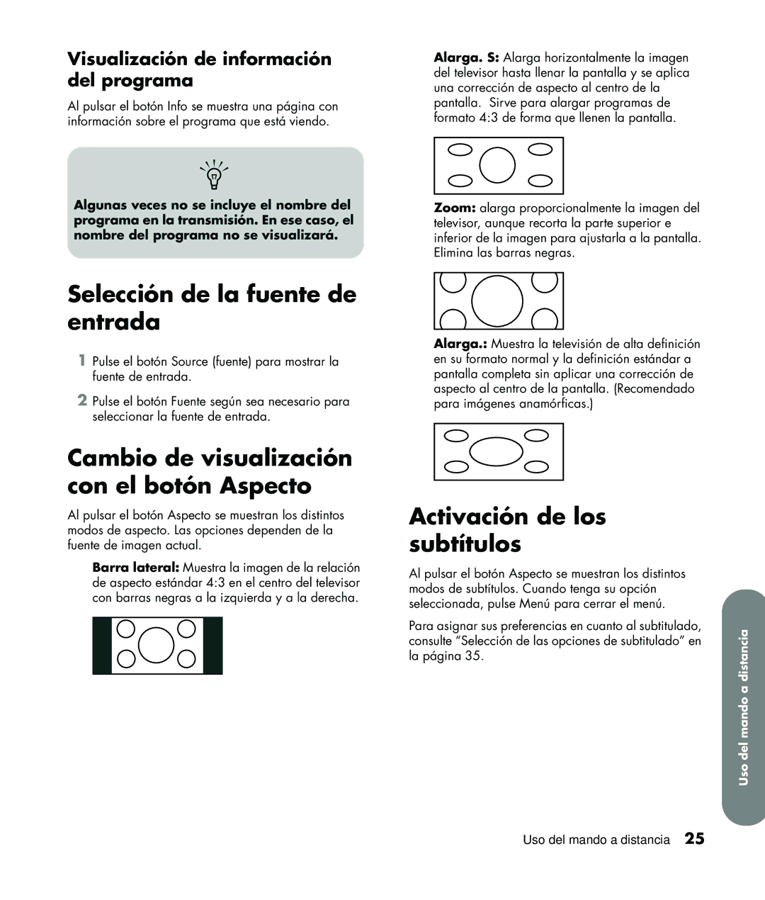 HP LC3760N Selección de la fuente de entrada, Cambio de visualización con el botón Aspecto, Activación de los subtítulos 