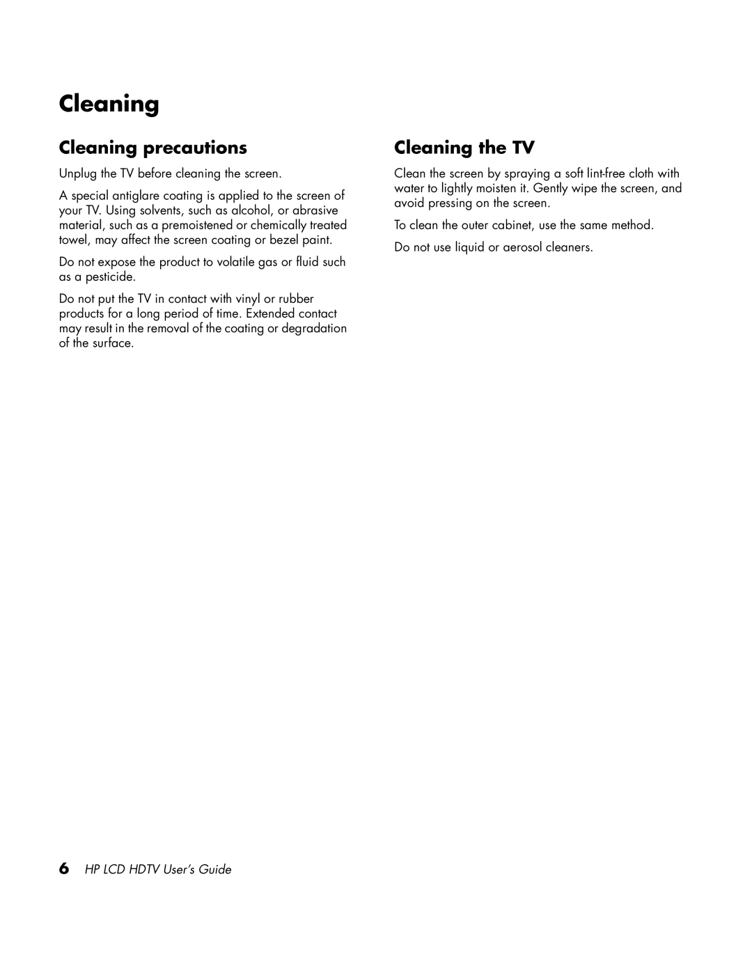 HP LC3760N manual Cleaning precautions, Cleaning the TV 