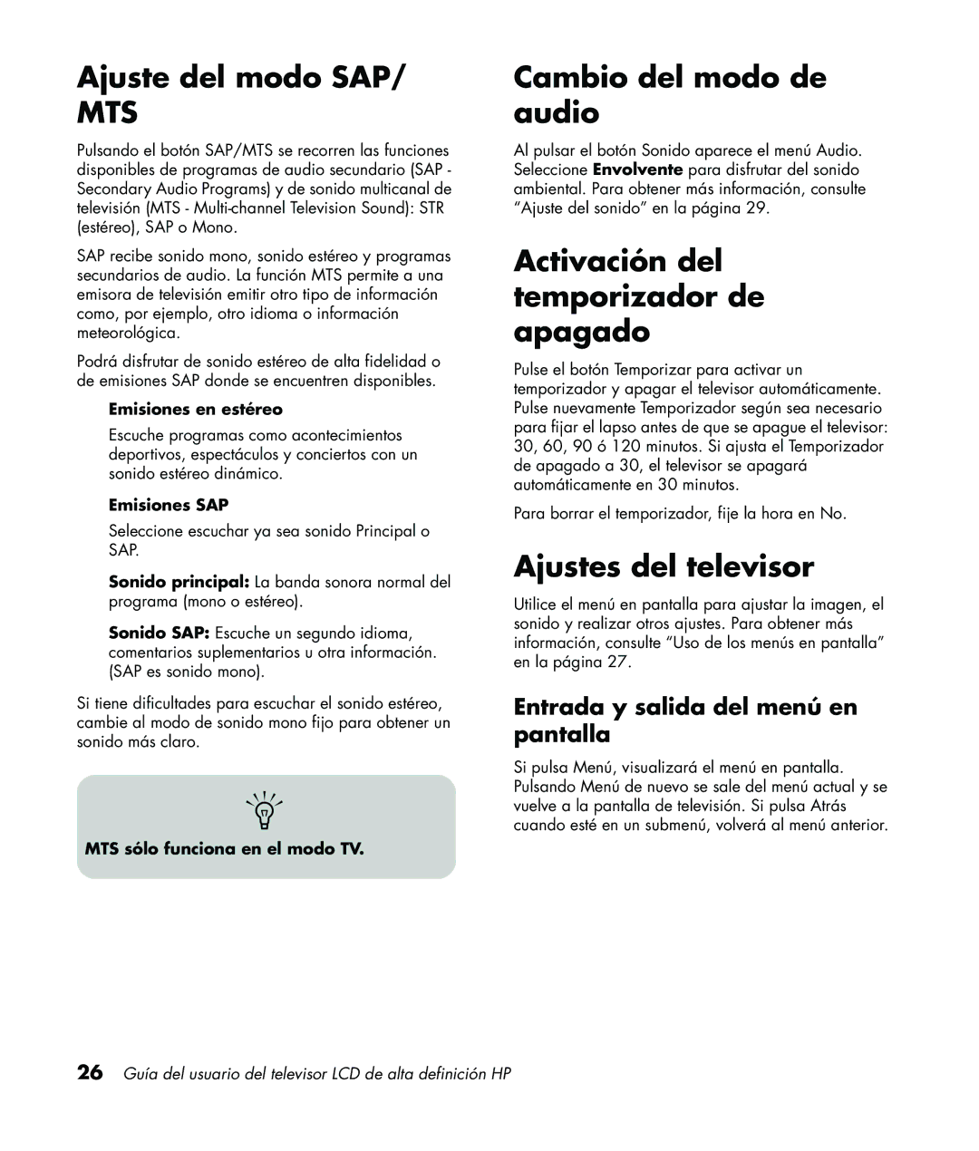 HP LC3760N Ajuste del modo SAP, Cambio del modo de audio, Activación del temporizador de apagado, Ajustes del televisor 