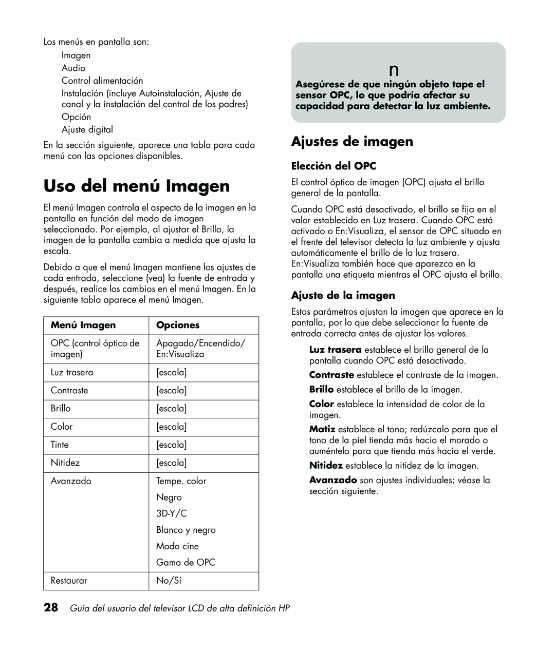 HP LC3760N manual Uso del menú Imagen, Ajustes de imagen, Elección del OPC, Ajuste de la imagen, Menú Imagen Opciones 