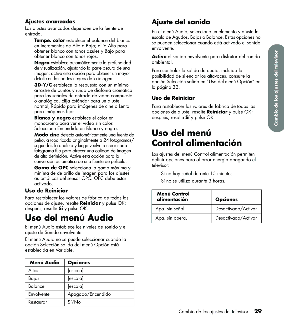 HP LC3760N Uso del menú Audio, Uso del menú Control alimentación, Ajuste del sonido, Ajustes avanzados, Uso de Reiniciar 