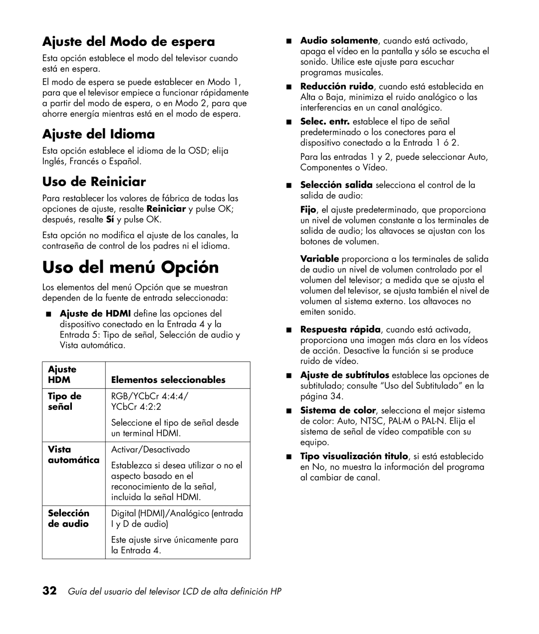 HP LC3760N manual Uso del menú Opción, Ajuste del Modo de espera, Ajuste del Idioma, Uso de Reiniciar 