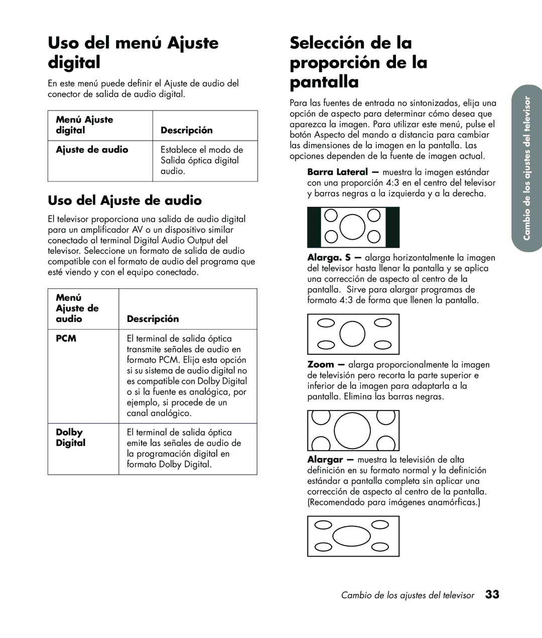 HP LC3760N manual Uso del menú Ajuste digital, Selección de la proporción de la pantalla, Uso del Ajuste de audio 