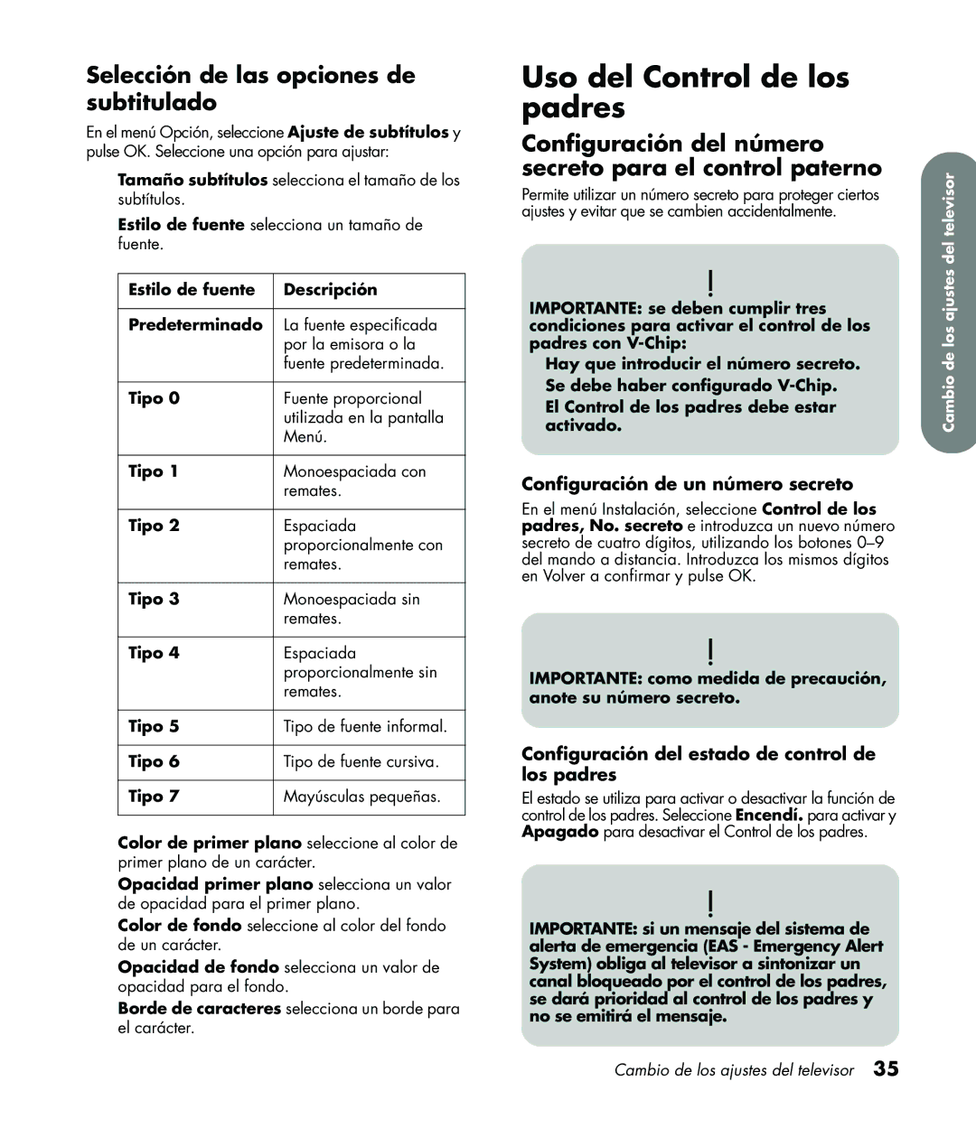 HP LC3760N Uso del Control de los padres, Selección de las opciones de subtitulado, Configuración de un número secreto 