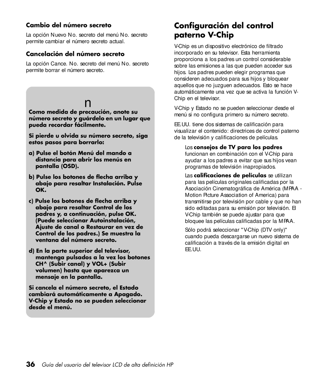 HP LC3760N manual Configuración del control paterno V-Chip, Cambio del número secreto, Cancelación del número secreto 