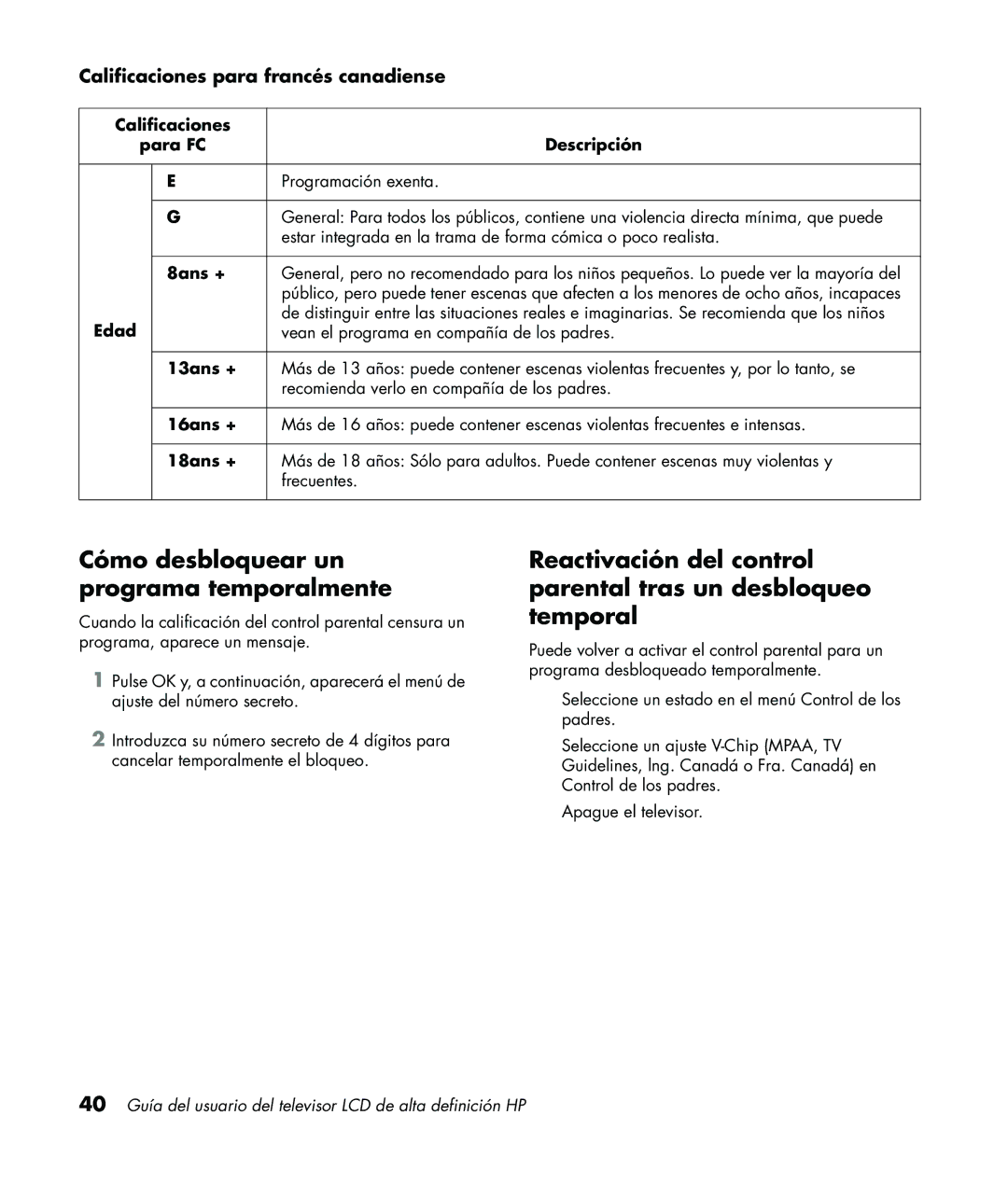 HP LC3760N manual Cómo desbloquear un programa temporalmente, Calificaciones para francés canadiense 