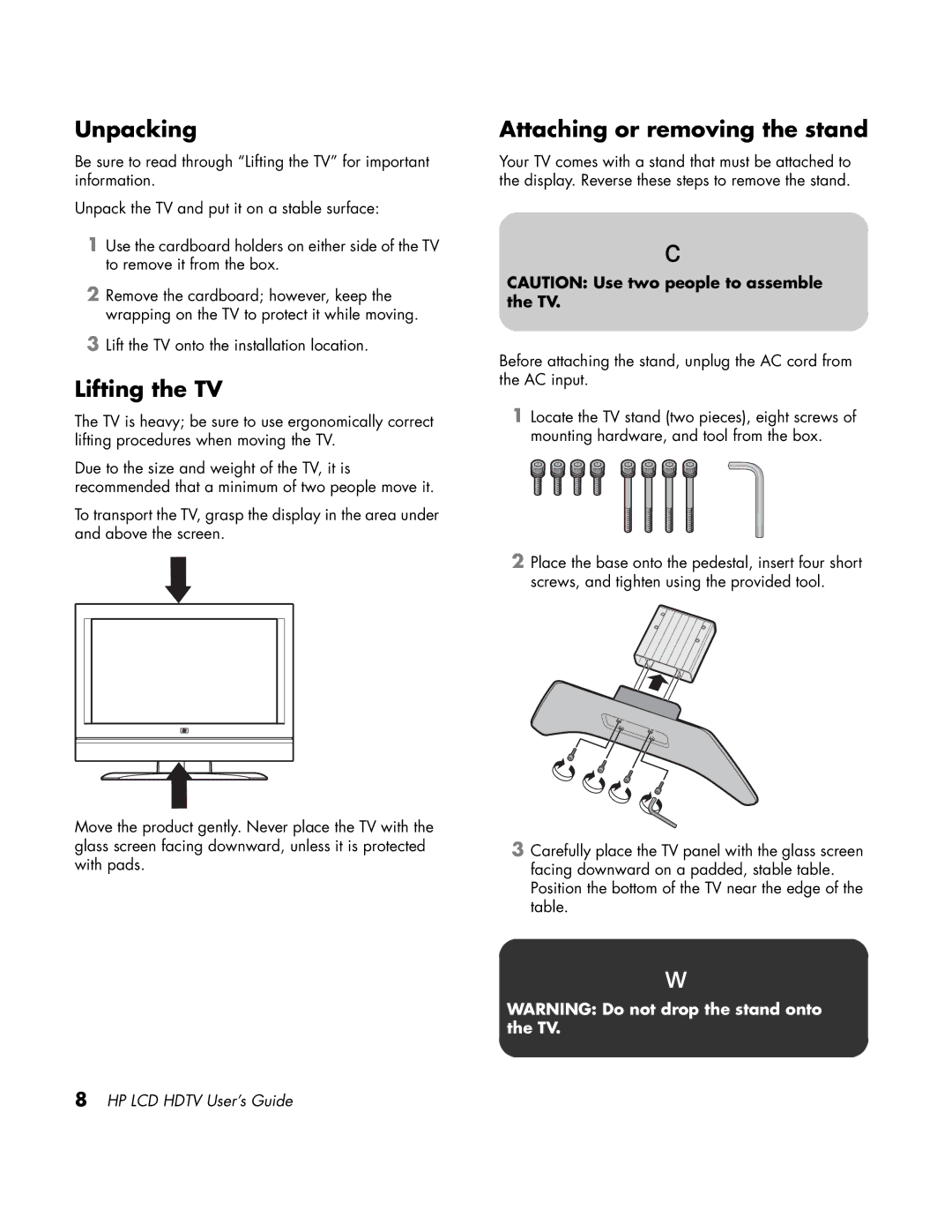 HP LC3760N manual Unpacking, Lifting the TV, Attaching or removing the stand 