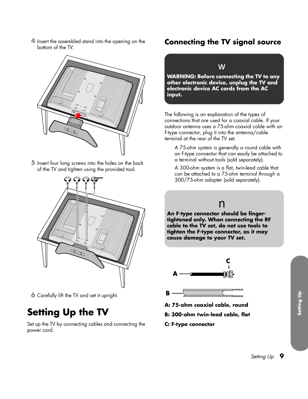 HP LC3760N manual Setting Up the TV, Connecting the TV signal source 