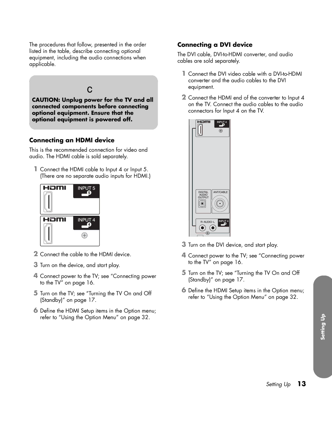 HP LC3760N manual Connecting an Hdmi device, Connecting a DVI device 