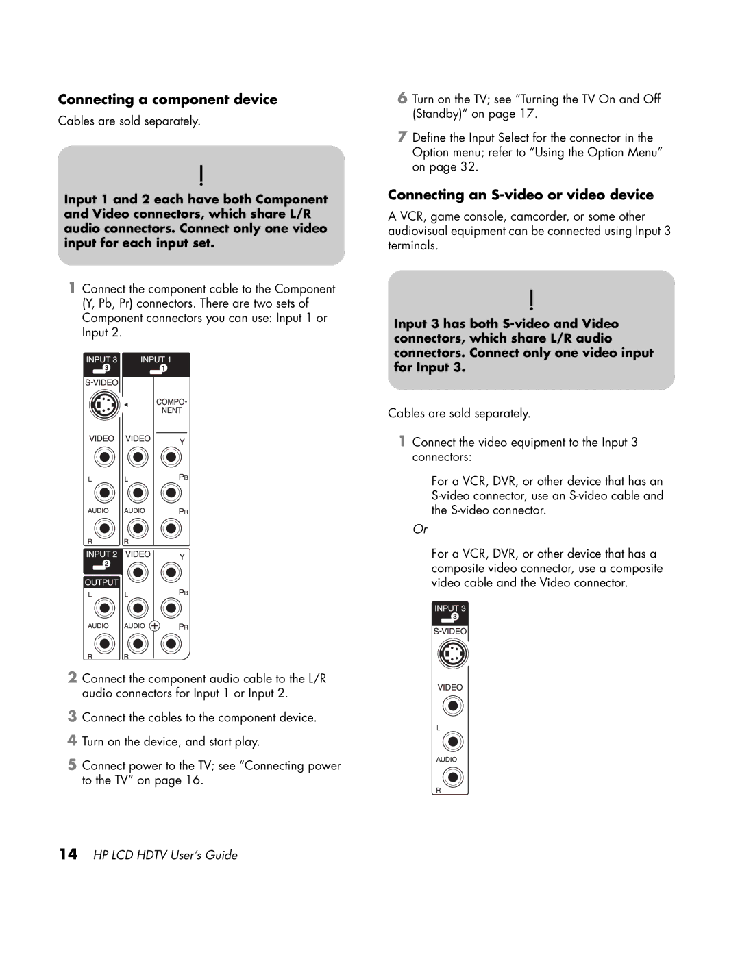 HP LC3760N manual Connecting a component device, Connecting an S-video or video device 