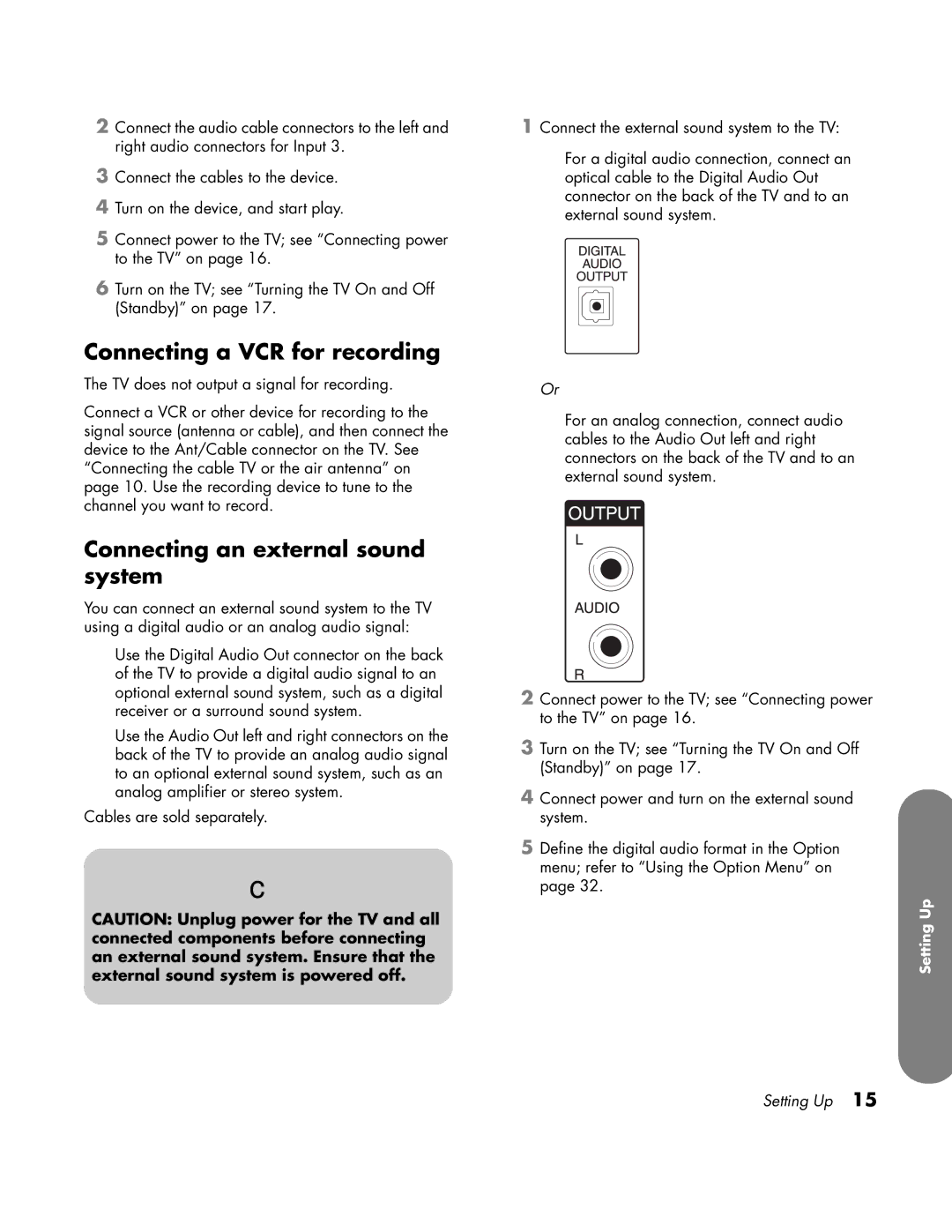 HP LC3760N manual Connecting a VCR for recording, Connecting an external sound system 