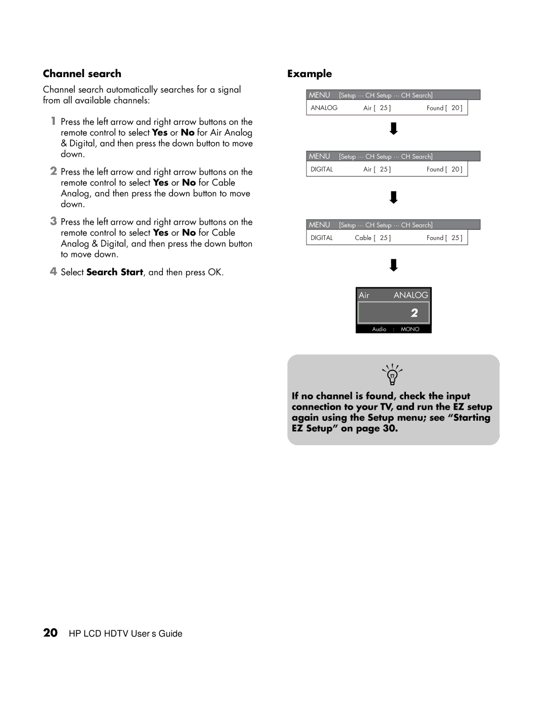 HP LC3760N manual Channel search, Example 