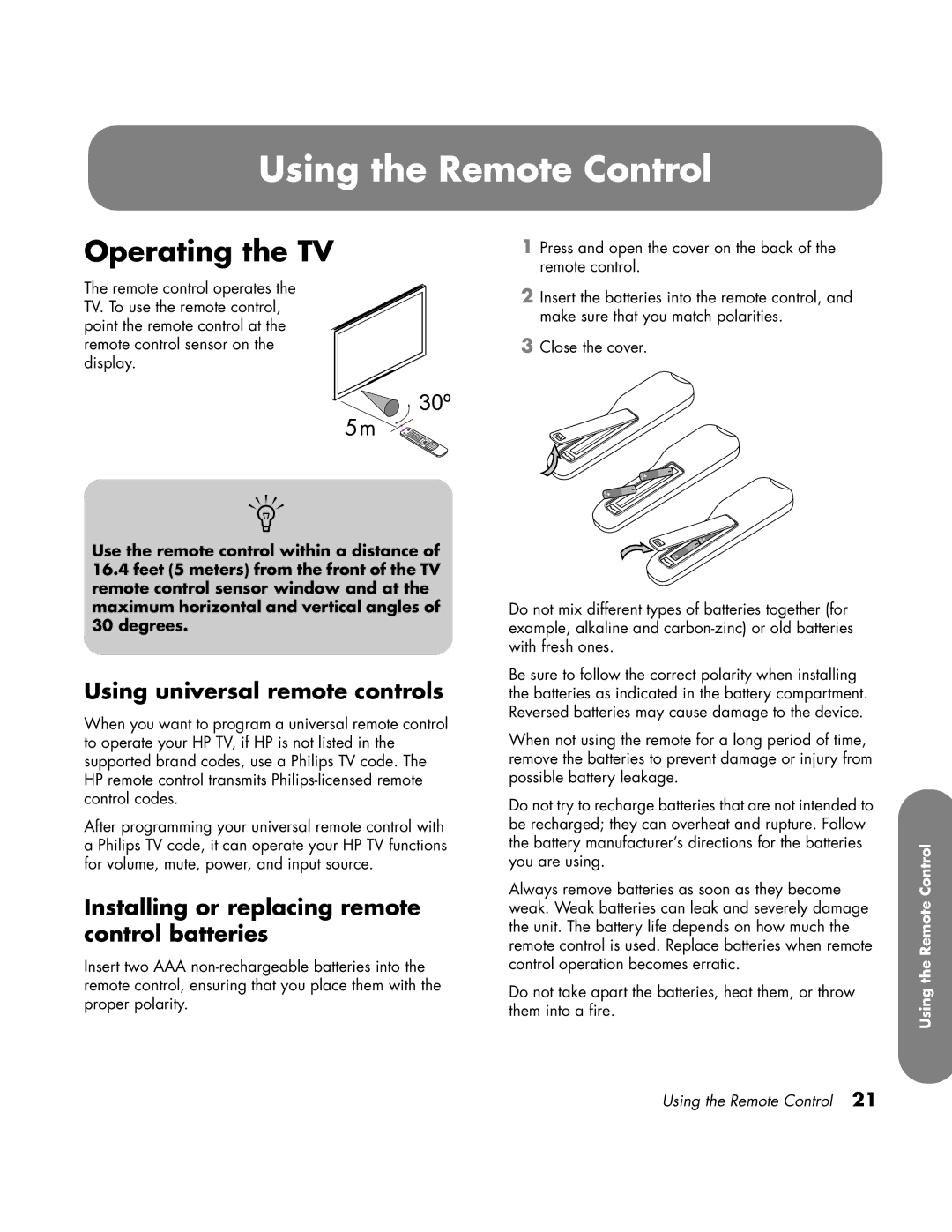 HP LC3760N manual Using the Remote Control, Operating the TV, Using universal remote controls 